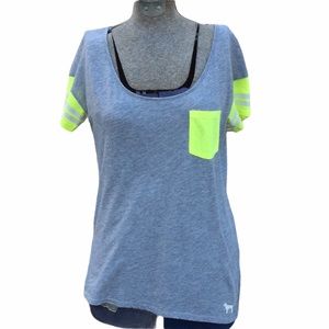 PINK Victoria’s Secret Neon Yellow Pocket Gray Tee